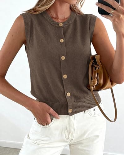 BTFBM Sweater Vest Women Casual Crewneck Loose Button Down Knit Sleeveless Cardigan 2026 Spring Clothes Summer Vest Tops(Grey Brown, Small) - Thumbnail 4