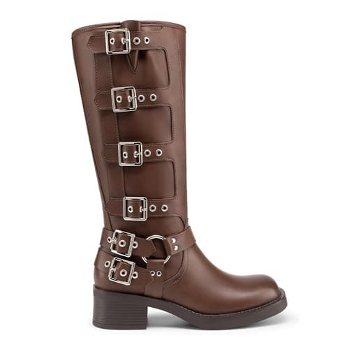 Athlefit Women's Knee High Riding Boots Fashion Buckle Square Toe Pull On Chunky Heel Wide Calf Biker Boots Tan Size 10 - Thumbnail 4
