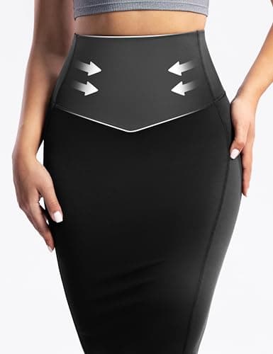 POSHDIVAH Creamluxe Postpartum High-Waist Midi Pencil Skirt for Women – Tummy Control Stretchy Business Below-Knee Skirt Black X-Large - Thumbnail 4