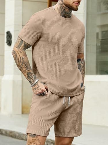 JEMLDL Mens 2 Piece Outfit Set Summer Jacquard T-Shirt Shorts Casual Short Sleeve Lounge Wear Clothing Sets for Men Dark Khaki L - Thumbnail 3