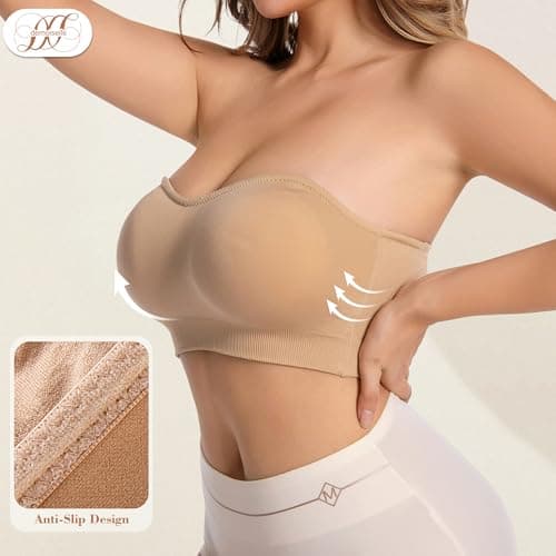 DD DEMOISELLE 1 Pack Strapless Bras for Women, Wirefree Non-Slip Tube Top Invisible Bralette Seamless Padded Bandeau Bra, Beige-Next-Gen Non-Removable Padding,L - Thumbnail 2