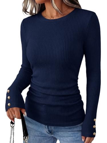 ANRABESS Womens Long Sleeve Shirts Slim Fitted Tops Navy Blue X-Large - Image 1