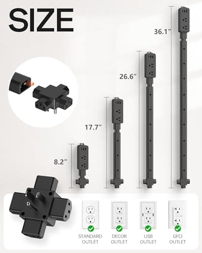 Electrical Outlet Extender Stick Black with 4-Way Flat Plug | Extends 8"-36" | Outlet Extender with 2AC Outlets, 2USB-A & 1USB-C Ports | Socket Expander Access Hard-to-Reach Outlets Bed Sofa Behind - Thumbnail 2