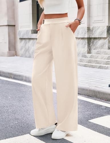 LOOKBOHO Womens Wide Leg Trousers High Elastic Waist Loose Pleated Long Work Pants with Pockets Beige - Thumbnail 4