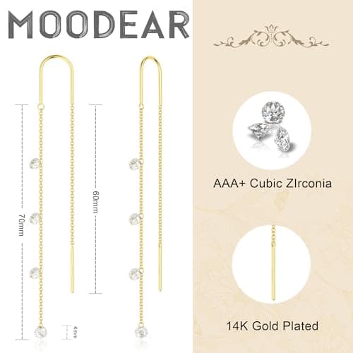 Moodear Dangle Earrings for Women - Trendy 14K Gold Plated Long Chain Earring Non Tarnish Hypoallergenic CZ Drop Earring Dainty Jewelry - Thumbnail 5