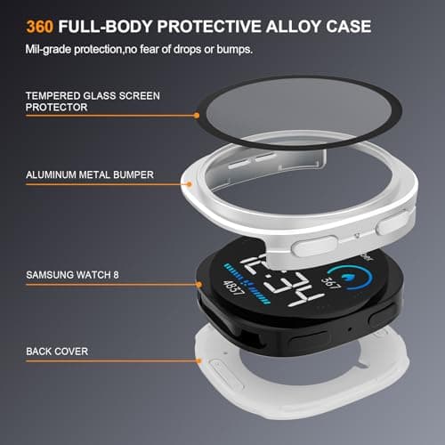 SDOCEBF 3 in 1 Metal Case for Samsung Galaxy Watch 8 Screen Protector 40mm, Ultra-Thin Aluminum Protective Bumper with Back Cover, Scratch-Resistant Cover for Galaxy Watch8, Silver - Thumbnail 2