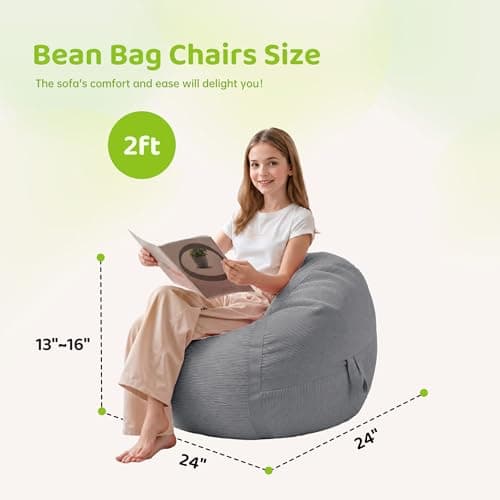 HABUTWAY Bean Bag Chair, 2FT Bean Bag Chairs with Memory Foam Filling, Small Beanbag Chairs with Portable Handle, Comfy Bean Bag Sofa for Living Room Bedroom Reading Room, Light Grey - Thumbnail 2