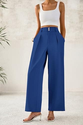 BTFBM Women Wide Leg Dress Pants 2026 High Waisted Button Pleated Business Casual Trousers Office Work Palazzo Pants(Dark Blue, XX-Large) - Thumbnail 4
