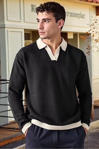 BAYAMO Mens Polo Sweater V Neck Long Sleeve Pullover Sweater Casual Knit Textured Sweater Black 3XL - Thumbnail 4