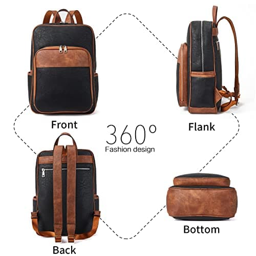 Telena Leather Laptop Backpack for Women Business Casual College Bags Black-Brown - Thumbnail 4