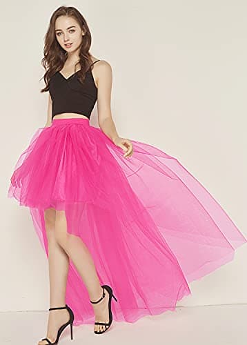 Bellady Women Mesh Tulle High Low High Waist Tutu Princess Wedding Skirt,Fuchsia - Thumbnail 3