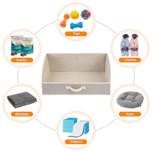 Jumpress 2 Pack Dog Toy Basket, Collapsible Cat Dog Toy Bin with Handles, Fabric Trapezoid Dog Toy Box Storage for Pet Dog Toys,Blankets,Clothes and Accessories (Ecru) - Thumbnail 3