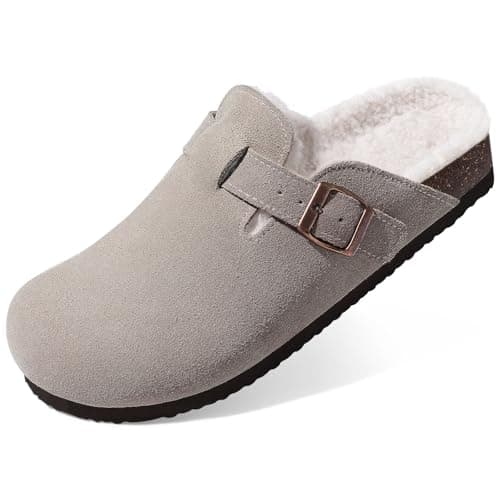 KIDMI Women's Fur Lined Suede Clogs Fuzzy Cork Footbed Mules Slip On Winter Potato Shoes, Grey 37 (Size 6-6.5) - Image 1