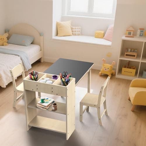 doowroodni Kids Art Table and Chair Set, Sturdy Beech Wood Study Desk for Children’s Drawing, Learning & Play - Multi-Functional Activity Table for Home,Toddler Desk with Storage and 1 Chair - Thumbnail 6