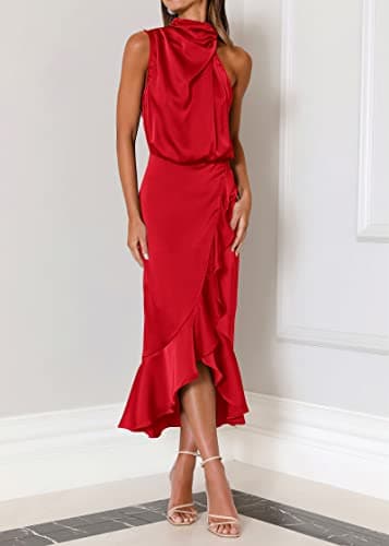 KIRUNDO Women 2026 Spring Summer Satin Mock Neck Wedding Guest Party Cocktail Midi Dress Sleeveless Wrap Ruffle Formal Dress(Red, X-Large) - Thumbnail 4