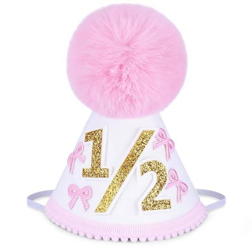 UTOLOVE Handcrafted Felt Birthday Hat with Pompom - Adjustable Cone Hat for 1st, Half to 5th Birthday Party Decorations - Baby & Kids Celebration Photo Prop Crown- White&Pink - Thumbnail 6
