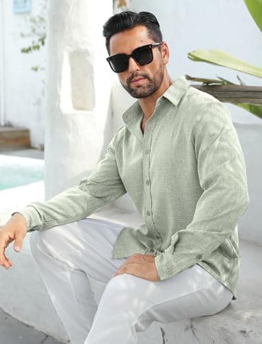 MAPICK Mens Casual Button Down Shirts Long Sleeve Tropical Linen Shirts Untucked Dress Stretch Shirts(A-Sage Green,4X-Large) - Thumbnail 3