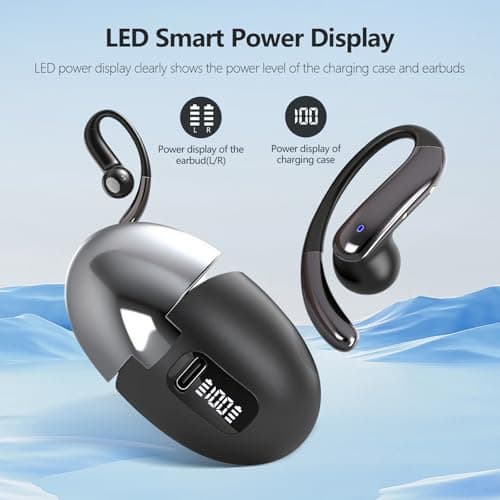 MKKLTUOP Open Ear Bone Conduction Headphones，Over Ear Earbuds with Ergonomic Earhook,Bluetooth Headphones 5.4 with Smart Digital Display,50H Playtime,IPX7 Waterproof, Fit Cycling ，Running，Black - Thumbnail 5