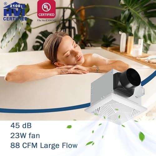 NOVELUX Bathroom Exhaust Fan: 88 CFM Quiet 1.2 Sones Ceiling Mount Bathroom Vent Fan 7.5"x7.8" High Airflow Household Ventilation Fans for Bedroom Laundry Kitchen - UL & HVI Certified - Thumbnail 2
