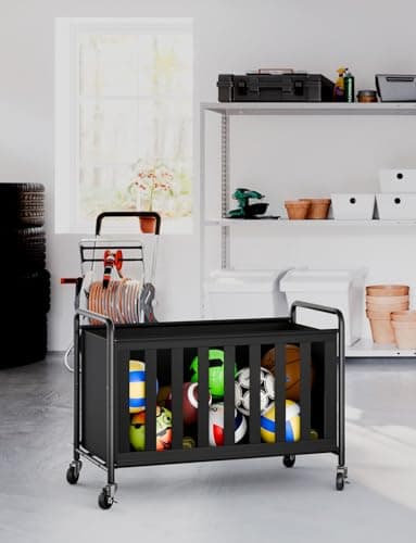 StorageWorks Ball Storage with Wheels, Ball Cart for Garage, Garage Sports Equipment Organizer with Hooks, Balls Organizer for Basketball, Football, Volleyball - Thumbnail 6