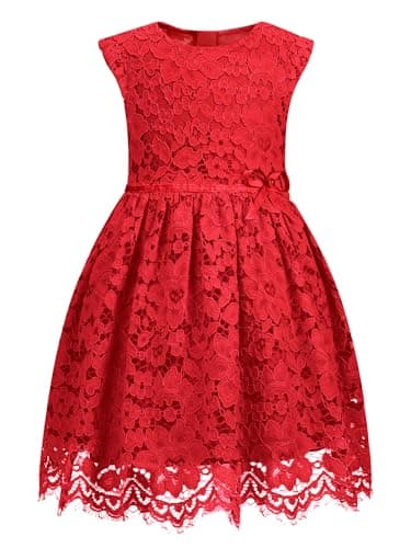 ALLOVIN Girls & Toddlers Sleeveless A-Line Lace Party Dress Birthday Wedding & Flower Girl Dress with Beaded Bowknot | Red | 6-7Y - Image 1