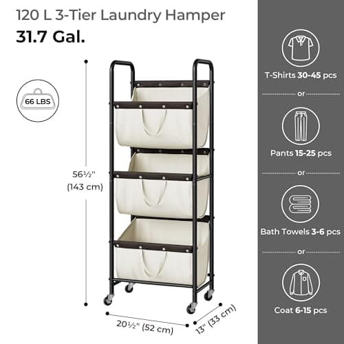 GRANNY SAYS 3 Tier Laundry Sorter, Laundry Basket with Wheels, Laundry Room Organization and Storage, 3 Section Rolling Laundry Cart for Dorm, Bathroom, Bedroom, Closet, Beige - Thumbnail 3