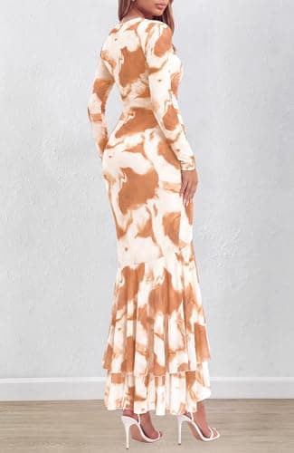 BTFBM Women's Maxi Dresses Fall 2026 Long Sleeve Bodycon Floral Ruffle Cocktail Wedding Guest Dress Concert Outfits(Floral Khaki,Large) - Thumbnail 5