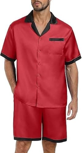 PrinStory Mens Pajamas Set Satin Silk Pajama For Men Sleepwear Shorts Summer 2 Piece Button Down Set Red Black 2XL - Thumbnail 2
