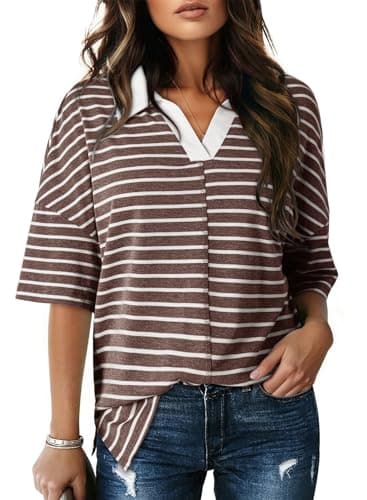 Dokotoo Summer Short Sleeve Shirts for Women 2026 Summer T Shirts for Women Dressy Casual Khaki Striped Trendy Polo Shirts Cute Crop Tops Womens Blouses Color Block Womens Clothes Clothing XL - Image 1