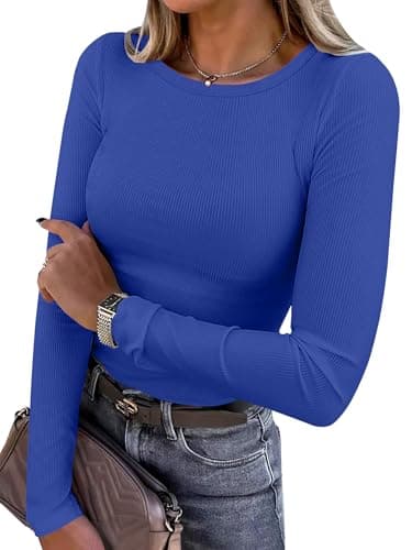 ANRABESS Women Long Sleeve Shirts Rib Knit Slim Fit Tops Basic Tee Spring Outfits Casual T-Shirt Underscrubs Layer Clothes Royal Blue Medium - Image 1