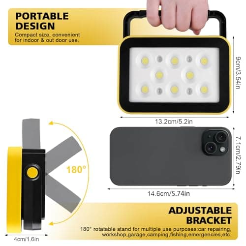 AUMIO 2-Pack Rechargeable Work Lights, COB Outdoor Portable LED Flood Light, Battery Operated Work Lights with Stand, Waterproof Working Light for Job Site Garage Camping Car Repair - Thumbnail 4