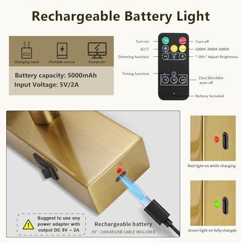 JOOSENLUX Battery Operated Picture Lights Wireless Wall Light Rechargeable Art Gallery Light for Paintings Dimmable and Timed Off Display Lights 15.75" Brass - Thumbnail 4