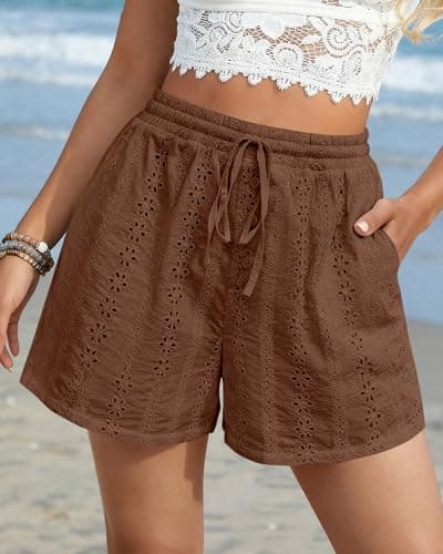 KIRUNDO Lace Shorts for Women Summer Cute Boho Eyelet Elastic Waist Drawstring Casual Lounge Shorts Beach Vacation Outfits(Brown, X-Large) - Thumbnail 6