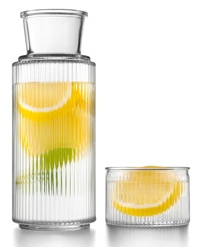 DmmyAlzx Bedside Water Carafe and Glass Set, Classic Vertical-Striped 27oz Glass Carafe with 7.1oz Tumbler Lid, Nightstand Water Pitcher, Bathroom Mouthwash Dispenser, Elegant Gift for Home & Office - Image 1