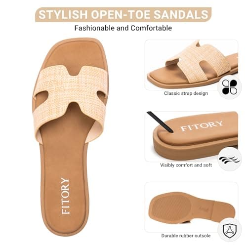 FITORY Women's Slide Sandals, Flat Fashion Square Open Toe with Cushion Slippers for Summer Beach Size 10 Raffia - Thumbnail 4