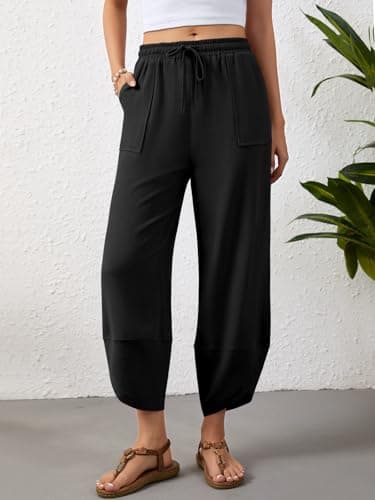 Jiflora Linen Pants for Women Wide Leg Barrel Baggy Palazzo Drawstring Elastic Waist Trousers with Pockets Black S - Thumbnail 2