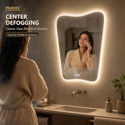 Irregular Led Bathroom Mirror with Lights 22x30 Inch, Backlit Asymmetrical Led Bathroom Mirror for Wall, Lighted Vanity Mirror with Lights, Anti-Fog, Dimmable 3 Colors, Shatter-Resistant - Thumbnail 5