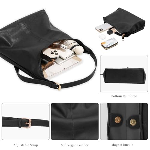 MaijjLyn Hobo Bags for Women Tote Bag Retro PU Leather Shoulder Handbags Slouchy Crossbody Hobo Purses with Coin Purse 2PCS Black - Thumbnail 4