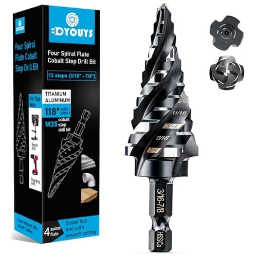 M35 Four Spiral Flute Step Drill Bit Set 3/16" - 7/8" （12 Sizes ）, 1/4" Hex Shank Drill, Impact Resistant M35 HSS Unibit Step Drill bit, for Stainless Steel, Wood, Aluminum, Plastic, Great for DIYers