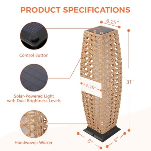 Grand patio Outdoor Floor Lamp Solar Lantern, Water-Resistant Natural Wicker Boho Patio Light with 50/100 Lumens Dual Brightness & Memory Mode for Garden Porch Deck Decor, Large Diamond Natural - Thumbnail 6