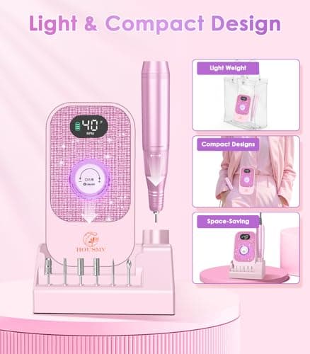 Portable Nail Drill Electric File: Professional Nail E File Machine 40000RPM Rechargeable Cordless Pink Diamond Nail Drill with Bits & Base for for Acrylic Nails Remove Gel Polish Manicure, Salon Home - Thumbnail 5