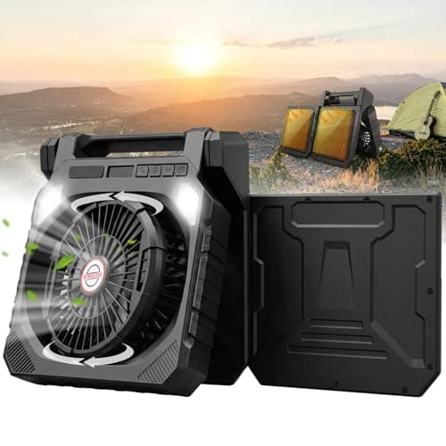 22000mAh Camping Solar Fan, 10" Dual-Panel Rechargeable Solar Powered Fan with LED Light and Arc Flashlight, LED Digital Display, 180° Swivel Oscillating, Portable Table Fans for Picnic, Barbecue - Image 1