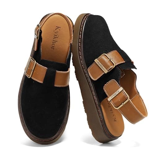 KYIKHOR Women's Suede Leather Loafer Slip-Ons|Genuine Suede Clogs for Women|Comfort Footbed Leather Mules Potato Shoes with Back Strap|Cute Office Casual Dress Shoes Black,6 M US - Image 1