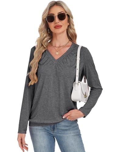 Long Sleeve Shirts for Women V Neck Casual Tops Women Long Sleeve Tops Basic T Shirts Outfits Womens Clothes 2025 (US, Alpha, Small, Regular, Regular, Dark Gray) - Thumbnail 2