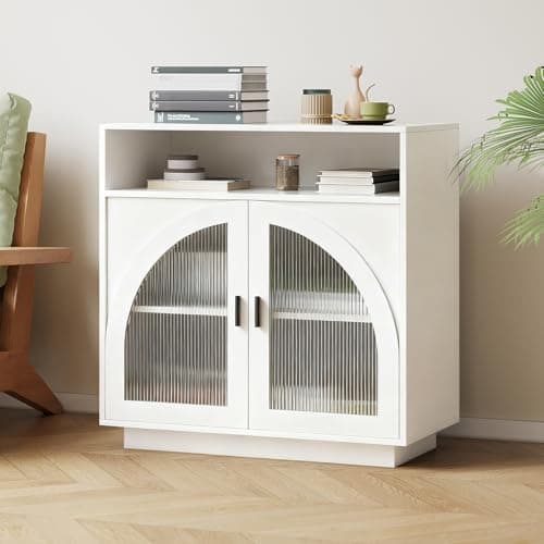 ALWXIA Sideboard Buffet Cabinet with Storage, 31.5” Farmhouse Curved Design Accent Cabinet with Acrylic Doors & Adjustable Shelves, Modern Coffee Bar (Sideboard W/Compartment_White, 1Pc) - Image 1