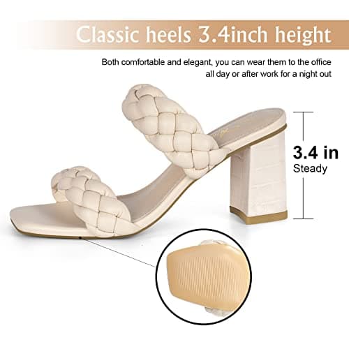 Athlefit Women's Braided Heeled Sandals Summer Square Open Toe Heels Slip On Block Heels Beige Size 8 - Thumbnail 4