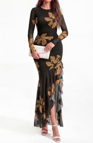 BTFBM Women's Maxi Dresses Fall 2026 Long Sleeve Bodycon Floral Ruffle Cocktail Wedding Guest Dress Concert Outfits(Floral Black Yellow,XX-Large) - Thumbnail 3
