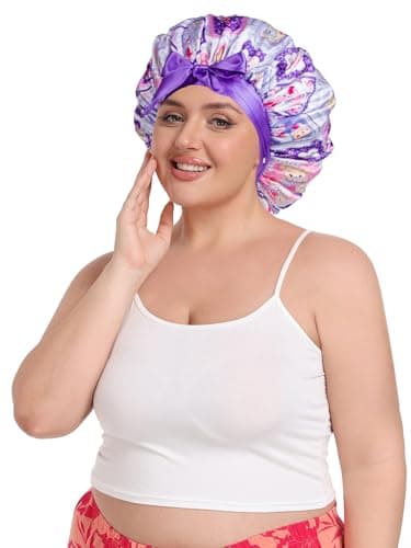 Vettres Double Layer Satin Bonnet for Sleeping with Detachable Eye Mask Adjustable Night Cap for Curly, Natural, Braided Hair Reduces Frizz & Locks in Moisture Pink Purple Animals - Thumbnail 3