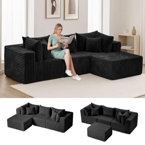 PATAVOT 104 Inch Cloud Couch Sectional,Corduroy Boneless Couches for Living Room,L-Shaped Modular Sectional Sofa with Removable Ottoman and Deep Seat,No Assembly Required,Black - Image 1