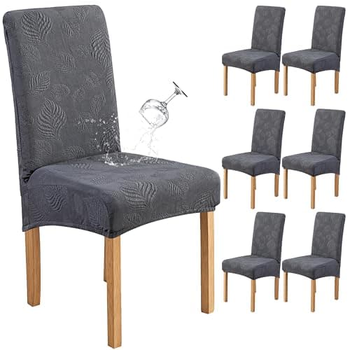 Genina Waterproof Dining Chair Covers Set of 6,Stretch Dining Room Chair Slipcovers with Leaf Jacquard,Removable Kitchen Chair Protector for Home,Restaurant,Banquet-Dark Grey,Large Size